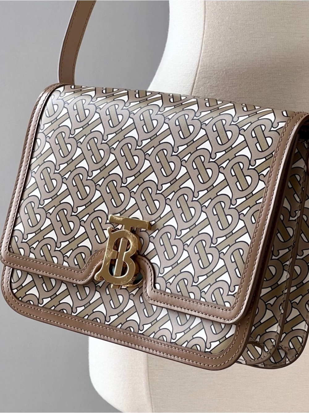 Burberry TB Monogram Shoulder Bag in Taupe and White